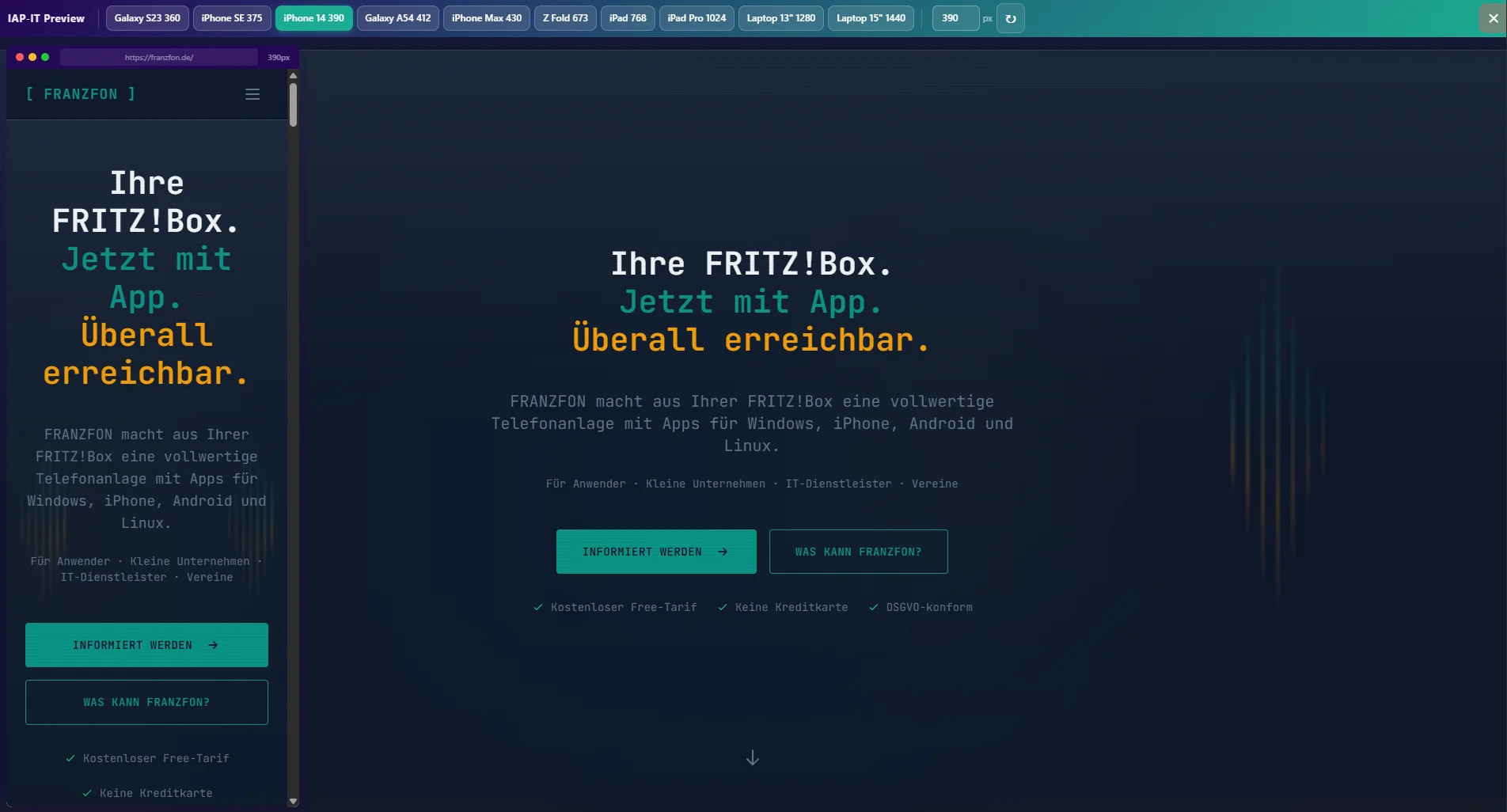 Responsive Preview Extension - Live-Vorschau einer Website in mobiler Ansicht mit FRANZFON auf iap-it.de